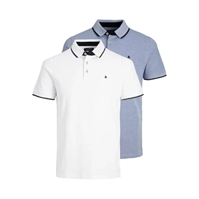 Abbildung von Jack &amp; Jones Herren Slim Fit Polo Shirt JJEPAULOS Uni Sommer Hemd Kragen Kurz Arm Basic Pique Cotton, 2er Pack (White/Bright Cobalt) , S