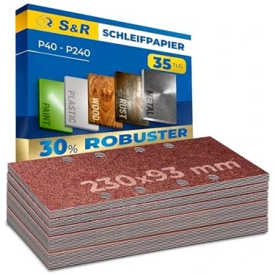 Abbildung von S&amp;R Klett Schleifpapier Profi Set 93 mm x 230 mm, 35 St Schleifblätter, 5 Körnungen P40, P60, P80, 10 P120, P240, Schleifstreifen für Schleifmaschine