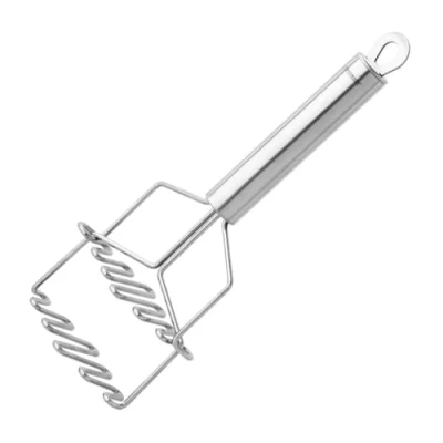 Abbildung von Fackelmann Kartoffelstampfer 27 cm PREMIUM, für feines Kartoffelpüree, Potato Masher, Stampfer Püree oder Gemüse, doppelte Wirkung durch eingebaute Feder (Farbe: Silber), Menge: 1 Stück