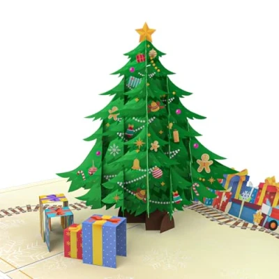 Abbildung von LIMAH® Pop up Weihnachtskarte Weihnachtsbaum 3D Karte zu Weihnachten mit Tannenbaum, Spielzug und Geschenken lustige Geschenkidee, Geldgeschenk oder Gutschein für Kinder, Mann Frau