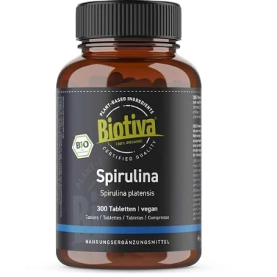 Abbildung von Spirulina Bio 300 Tabletten a 500 mg Premium Bioqualität Presslinge Arthrospira Platensis Alge OHNE Magnesiumstearat Abgefüllt und Kontrolliert in Deutschland Biotiva
