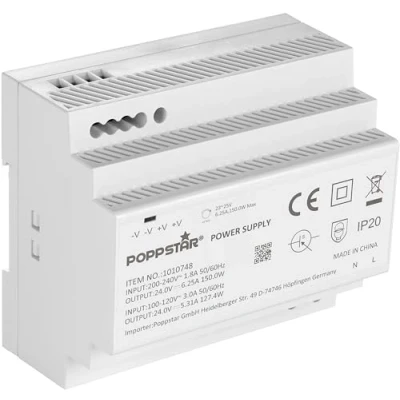 Abbildung von Poppstar 24V Trafo Hutschiene 150W (Input 100 240 V AC 50/60 Hz, Output 24 DC 6,25 A max. 150 W) Klingeltrafo