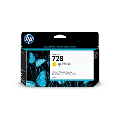 Abbildung von HP 728 Gelb 130 ml Original Druckerpatrone (F9J65A) mit originaler Tinte, für DesignJet T730 und T830 Großformatdrucker sowie den 729 Druckkopf
