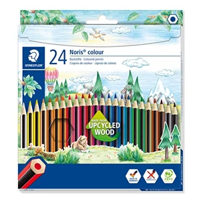 Abbildung von STAEDTLER Buntstifte Noris colour, rutschfeste Soft Oberfläche, hohe Bruchfestigkeit, Made from Upcycled Wood, intensive Farben, Sechskantformat, 24 Farbstifte im Kartonetui, 185 C24