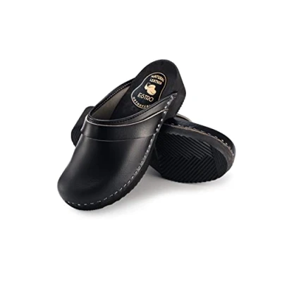 Abbildung von ESTRO Clogs Damen Holz Leder Herren Holzschuhe Holzclogs mit rutschfest Sohle CDL07 (45, Schwarz)