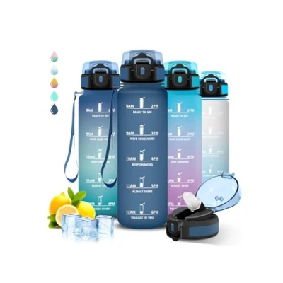 Abbildung von Trinkflasche 1l, Sport, mit Strohhalm, Leicht zu Reinigen, Auslaufsicher, Motivierendem Slogan, Zeitmarkierung, für Schule, Yoga, Wandern