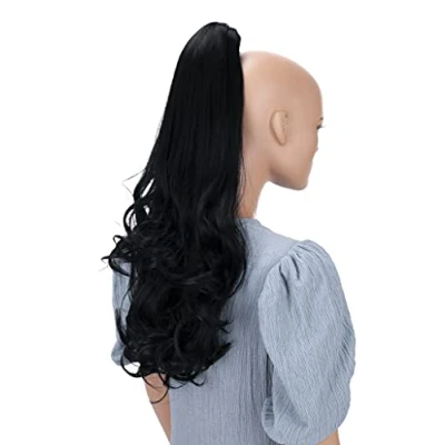 Abbildung von CAISHA 60cm Haarteil Ponytail Zopf Pferdeschwanz Haarverlängerung Voluminös Leicht Gewellt Schwarz H48
