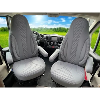 Abbildung von Maß Sitzbezüge Schonbezüge Pilotsitze Fahrer &amp; Beifahrer Set kompatibel mit Wohnmobil FIAT Ducato, Pössl, Knaus, Adria, Carthago, Pilote Laika WPL409 Grau