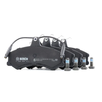 Abbildung von BOSCH 0 986 467 411 Bremsbelagsatz Low Metallic mit integriertem Verschleißsensor Anti Quietsch Blech, Schrauben Zubehör