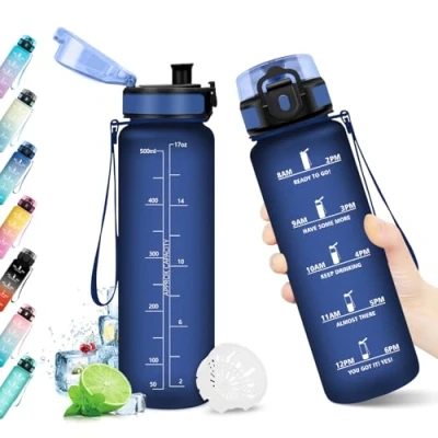 Abbildung von Trinkflasche 500ml, mit Filter, Auslaufsicher, Wasserflasche Zeitmarkierung, BPA frei, Sportflasche für Fitness, Fahrrad, Büro, Schule, Outdoor, Yoga, Erwachsene, Sprudel geeignet