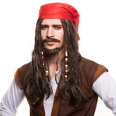 Abbildung von Piraten Piratin Seeräuber Perücke (Piratenperücke) mit Perlen und roten Bandana für das perfekte Piratenkostüm zum Fasching Karneval…