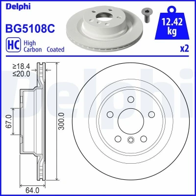 Abbildung von Bremsscheibe DELPHI BG5108C hinten, belüftet, hochkarbonisiert, 1 Stück