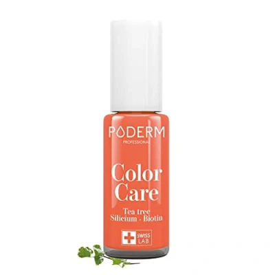 Abbildung von PODERM TEEBAUM NAGELLACK COLOR CARE Mango verbessert das Aussehen für die gelbe oder brüchige Nägel 2 in 1 PFLEGE Hergestellt der Schweiz
