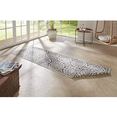 Abbildung von NORTHRUGS in und Outdoor Teppich Jardin 80x250cm Wendeteppich Wetterfest Orientalisches Vintage Design Läufer für Balkon Terrasse Garten Wintergarten Wohnzimmerteppich Wasserfest Grau Creme