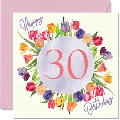 Abbildung von Schöne Geburtstagskarte zum 30. Geburtstag für Frauen Aquarell Tulpen Blumenstrauß Happy Birthday Karte Ihre Tochter, Tante, Schwester, Freundin, Geburtstagsgeschenk, 145 mm x