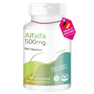 Abbildung von Alfalfa 500mg 180 Tabletten ! 3 MONATS VORRAT mit 1500mg pro Tagesdosis hochdosiert sichere Dosierung vegan bioverfügbare Supplements aus Deutschland Vitamintrend