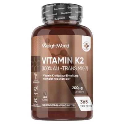 Abbildung von Vitamin K2 MK7 365 vegane Tabletten 200µg je Dosis 100% All Trans Menaquinon Für Blutgerinnung &amp; Knochen (EFSA) 1 Jahr Vorrat K Präparate Alternative zu Tropfen WeightWorld