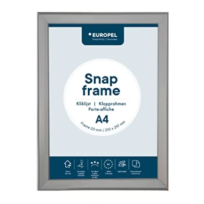 Abbildung von EUROPEL Klapprahmen A4 mit 20 mm Aluminium Profil aufklappbarer Plakatrahmen Gehrungsecke Schnapprahmen für u.a. Poster, Zertifikate, Fotos &amp; Werbemittel Silber