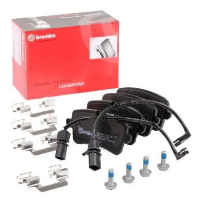 Abbildung von BREMBO P 85 120 Bremsbelagsatz inkl. Verschleißwarnkontakt mit Bremssattelschrauben Zubehör AUDI: A8 D4, A4 B9 Avant, Saloon