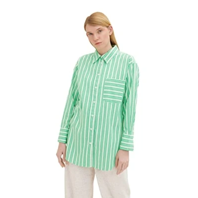 Abbildung von TOM TAILOR Denim Damen Basic Poplin Hemdbluse, vertical green white stripe, M