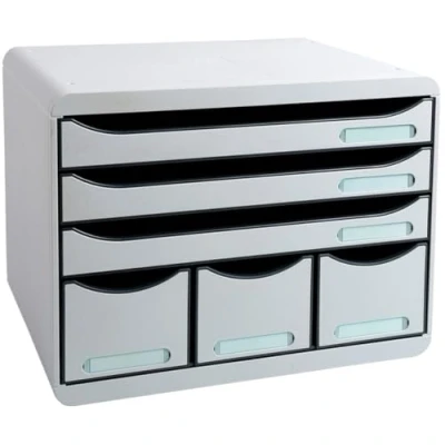 Abbildung von Exacompta 306740D Ablagebox Office Querformat mit 6 Schubladen für DIN A+ Dokumente. Belastbare Schubladenbox hoher Kapazität mehr Platz auf dem Schreibtisch Store Box Lichtgrau