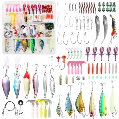 Abbildung von TUXIBIN 101 PCS Angeln Köder gemischt einschließlich Spinner, VIB, Höhenhaken, Einzelhaken, Drehgelenke, Führer, etc. für Süßwasser Salzwasser Fischen, mit Aufbewahrungsbox 02G