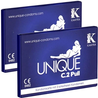 Abbildung von KAMYRA Unique C.2 PULL Condom Card, blau latexfreie Kondome, mit Abziehbändchen für schnelles Abrollen auch ölhaltigen Gleitmitteln verwendbar DOPPELPACK 2 x 3 Stück
