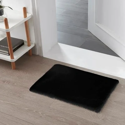 Abbildung von Teppich Wölkchen Fellteppich Kunstfell Waschbar, Hasenfell Imitat, Kaninchenfell, Kurzfell Flauschiger Wohnzimmer, Bettvorleger Schlafzimmer, Fell Schwarz 40x60cm