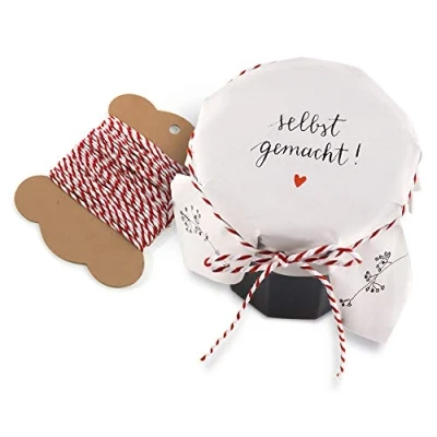 Abbildung von 25 Marmeladendeckchen selbstgemacht florale Gläserdeckchen Weiß zum selbst beschriften für Eingemachtes &amp; selbstgemachte Marmelade, Recyclingpapier Abreißblock + 10 m Garn Justiergummi