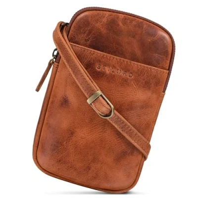 Abbildung von STILORD &#039;Loki&#039; Umhängetasche, Brusttasche, Leder, Vintage, Handytasche, Schultertasche, kleine Crossbody Tasche, Tasche für Smartphone, echtes Kara Cognac, S, Schulranzen
