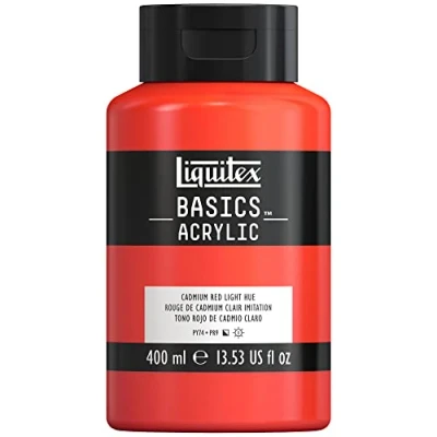 Abbildung von Liquitex 8870318 Basics Acrylfarbe, monopigmentierte Künstlerpigmente, lichtecht, mittlere Viskosität, Archivqualität, seidenglänzender Finish, 400ml Flasche Kadmiummiumrot hell Farbton