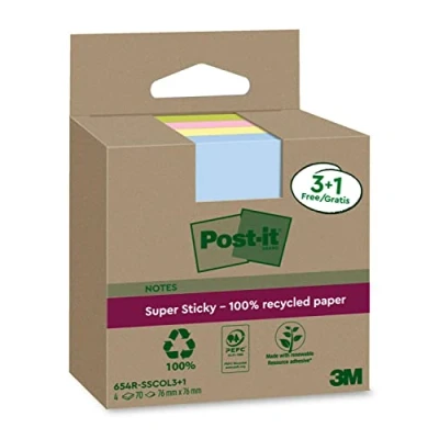 Abbildung von Post it Super Sticky 100 % Recycling Notes, 3+1 GRATIS Blöcke/Packung, 70 Blätter pro Block, 76 mm x mm, Pink, Grün, Blau, Gelb Extra starke Haftnotizen aus Recyclingpapier, Mittel