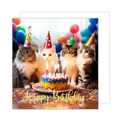 Abbildung von Edition Seidel Premium quadratische Geburtstagskarte mit Umschlag. Glückwunschkarte Happy Birthday Billet Karte Mann Frau Teenager Kinder Coole Katzen Humor Party Torte (GQ122)