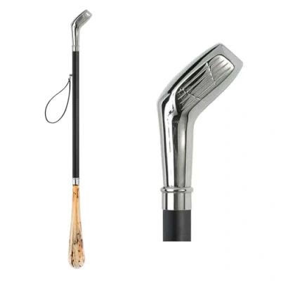 Abbildung von Design Schuhanzieher Schuhlöffel 70 cm mit silbernem Golfschläger als Griff, schwarzer Holzschaft