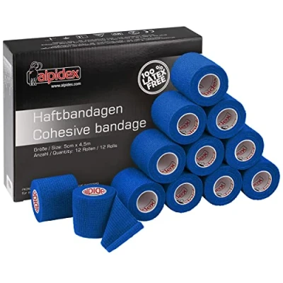 Abbildung von ALPIDEX 12 Rollen Haftbandage 5 cm x 4.5 m Selbstklebender Verband Pet Bandagen Fixierband Sport Vet Wrap Tape Selbsthaftend, Farbe:blau