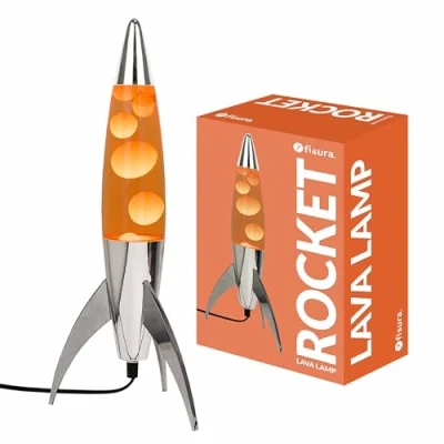 Abbildung von FISURA orange Lavalampe „Rocket“. Chromfarbene Basis, Flüssigkeit und Lava. Retro mit Ersatzglühbirne. 20 cm x 45 cm.