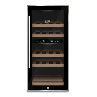 Abbildung von Caso WineComfort 24 black, Weinkühlschrank für Flaschen, 2 Zonen auf 5 20C einstellbar,Sensor Touch, LED beleuchtet freistehend, UV Filterglas, Schwarz