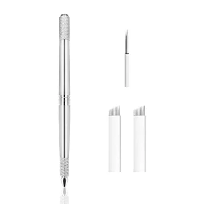 Abbildung von Pinkiou Microblading Pen Augenbrauen Tattoo Stift 3 Köpfe Manuelles Versorgungsfahrzeug für natürliche Augenbrauenfarbe Permanent Make up (Silber)