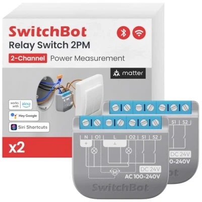 Abbildung von SwitchBot Wlan Schalter 2PM kompatibel mit Alexa/Apple Home/Google Home, Leistungsmessendes Relaisschaltmodul integriertem Bluetooth Repeater und Trockenkontakt, Wi Fi 2,4GHz(Schalter 2),16A,2Pack