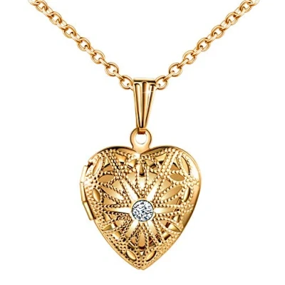 Abbildung von MicLee Damen Halskette Edelstahl Foto Medaillon Photo Bilder Amulett Weiß Zirkonia Silber/Rosegold/Gold Anhänger Herzkette mit Geschenkbox Grußkarte Super Geschenk für Mutter Tochter