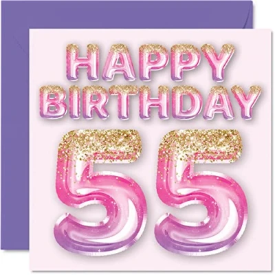 Abbildung von Geburtstagskarte zum 55. Geburtstag für Frauen rosa und lila Glitzerballons Happy Karten 55 Jahre alte Frau Mama Nanny Grandma Gran Auntie, 145 mm x Fifty Five Fifth Grußkarten Geschenk