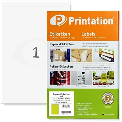 Abbildung von Printation Etiketten A4 210 x 297 mm 100 Klebeetiketten zum bedrucken Etikettenpapier bedruckbar 210x297 1x1 1 Etikett pro Bogen Stickerpapier selbst drucken 3478