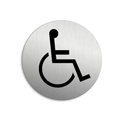 Abbildung von OFFORM DESIGN Schild Rollstuhl Ø 75 mm Türschild aus Aluminium vertikal gebürstet Edelstahloptik selbstklebend 39013 K
