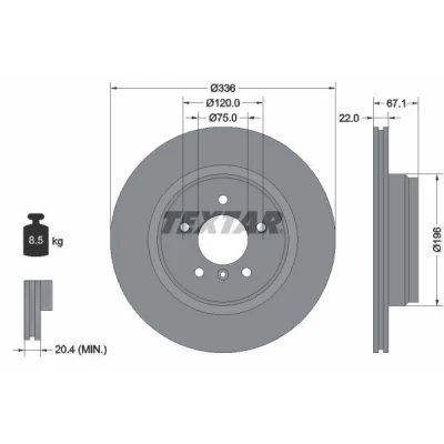 Abbildung von TEXTAR PRO+ 92137905 Bremsscheibe 336 22 05/06 120 innenbelüftet beschichtet hochgekohlt ohne Radbefestigungsbolzen, Radnabe BMW: 3 Saloon