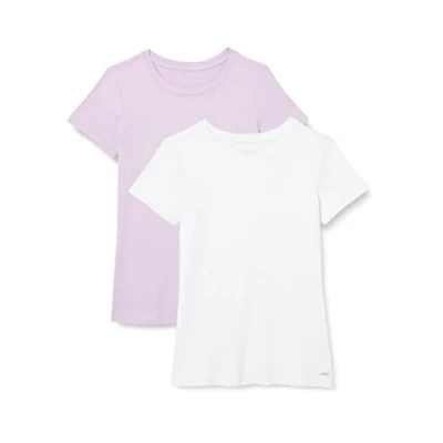 Abbildung von Amazon Essentials Damen Kurzärmliges Tech Stretch T Shirt mit Rundhalsausschnitt (in Übergröße erhältlich), 2er Pack, Grellweiß/Lila, S