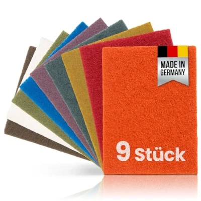Abbildung von PICTORIS Schleifvlies Vollausstattung (9er Set) Made in Germany Von extra grob bis ultra fein Extrem langlebig durch einzigartige Imprägnierung Handpads 155 x 210mm Körnungen 80 2000