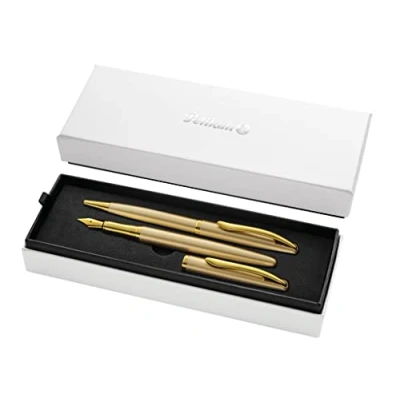 Abbildung von Pelikan Geschenkset Jazz Noble mit Füller und Kugelschreiber, Gold, eleganter Patronenfüller (Feder M) Kugelschreiber aus Metall, im Geschenketui, 821889