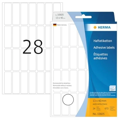 Abbildung von HERMA 10605 Vielzweck Etiketten ablösbar, 672 Stück, 13 x 40 mm, 28 pro Bogen, selbstklebend, Haushaltsetiketten zum Beschriften, matt, blanko Papier Klebeetiketten Aufkleber, weiß