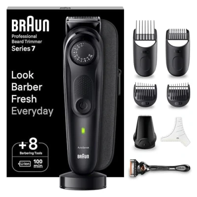 Abbildung von Braun Barttrimmer, Bartschneider/Trimmer/Haarschneider Herren, Haarschneidemaschine Profi, 40 Einstellungen, Ladestation, Reiseetui, Bartschablone, 100 Min. kabellose Laufzeit, BT7440