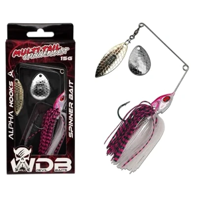 Abbildung von Wild Devil Baits Multi Tail Spinnerbait Spinner Bait Kunstköder Spin Jig Angelköder Barsch Hecht Zander (Hot Pink, 15g)